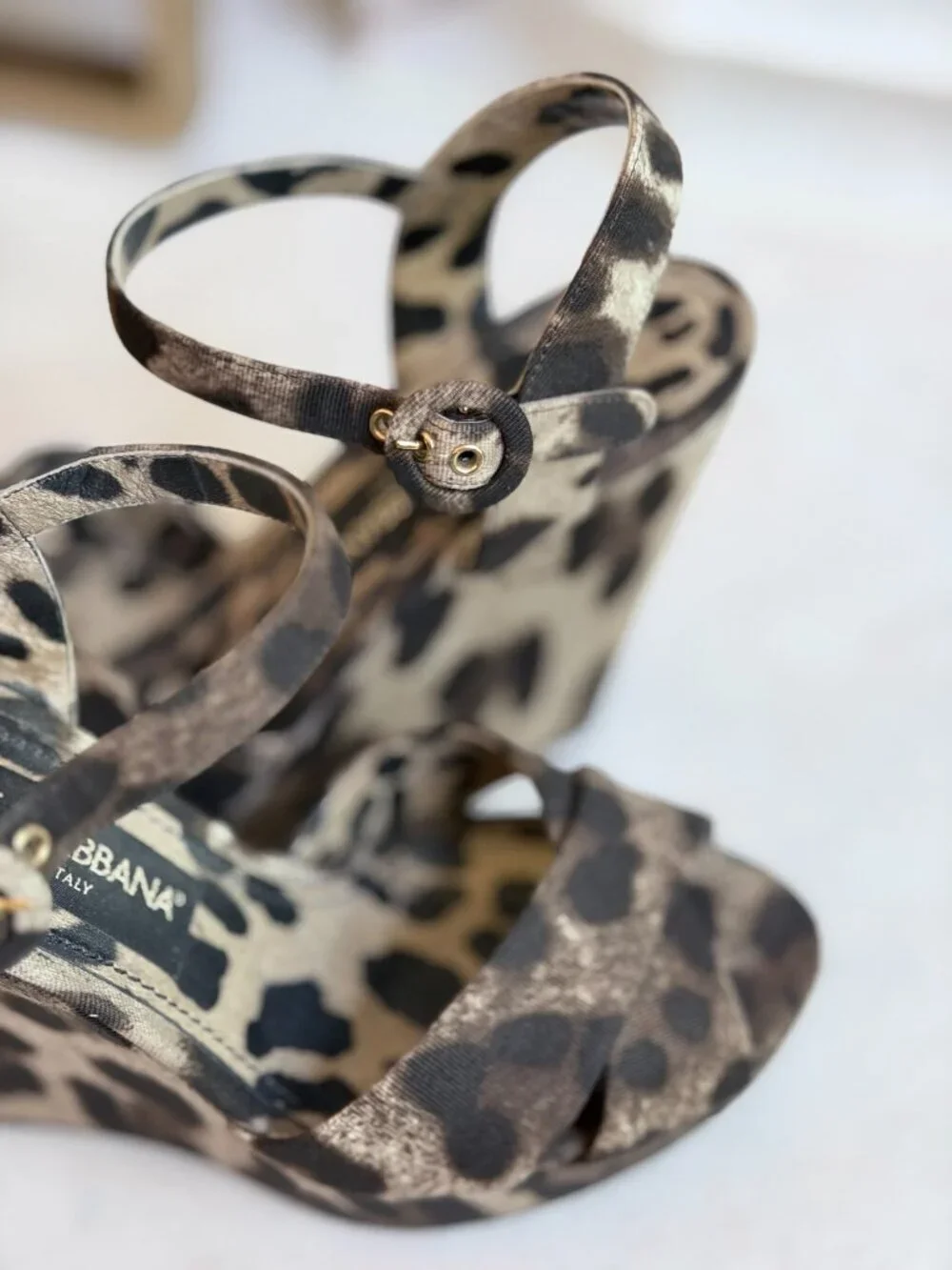 Dolce & Gabbana Leopard Print Canvas Leather Wedge Sandals